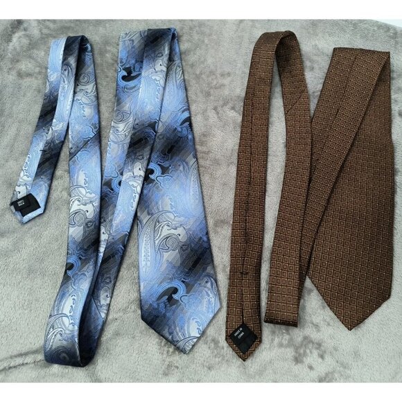 Men's Silk Necktie Lot of 2 Van Heusen Geo Print 59" Blue Tie 62" Brown Tie - Picture 2 of 12